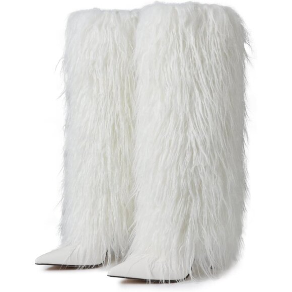 Women's white Kalstage Fur Knee High Heeled Wide Calf Party Fashion Boots - Picture 2 of 6